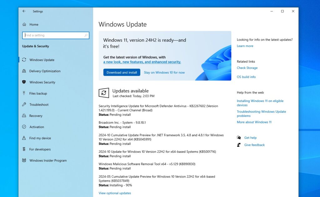 Windows 11 24H2 recommended on Windows 10 1024x632 1